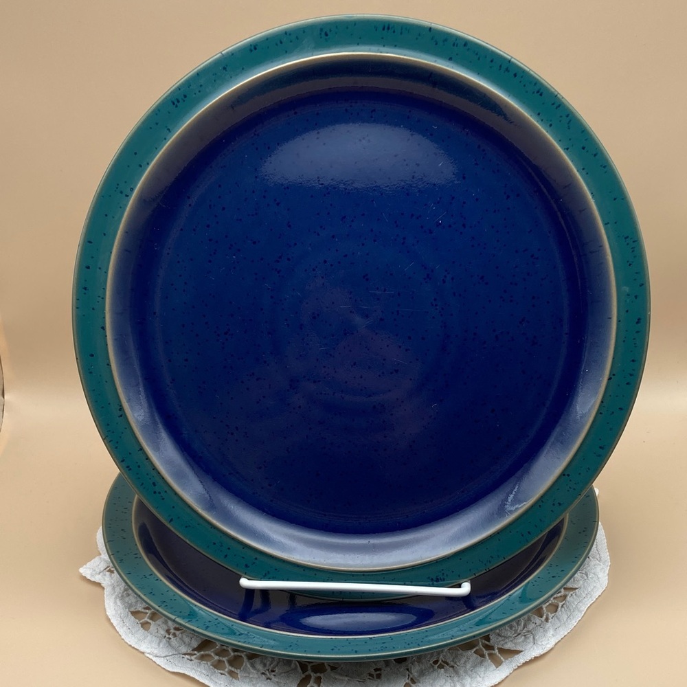Denby Harlequin Stoneware Blue Green Salad Lunch Dessert Plate - Set of 2